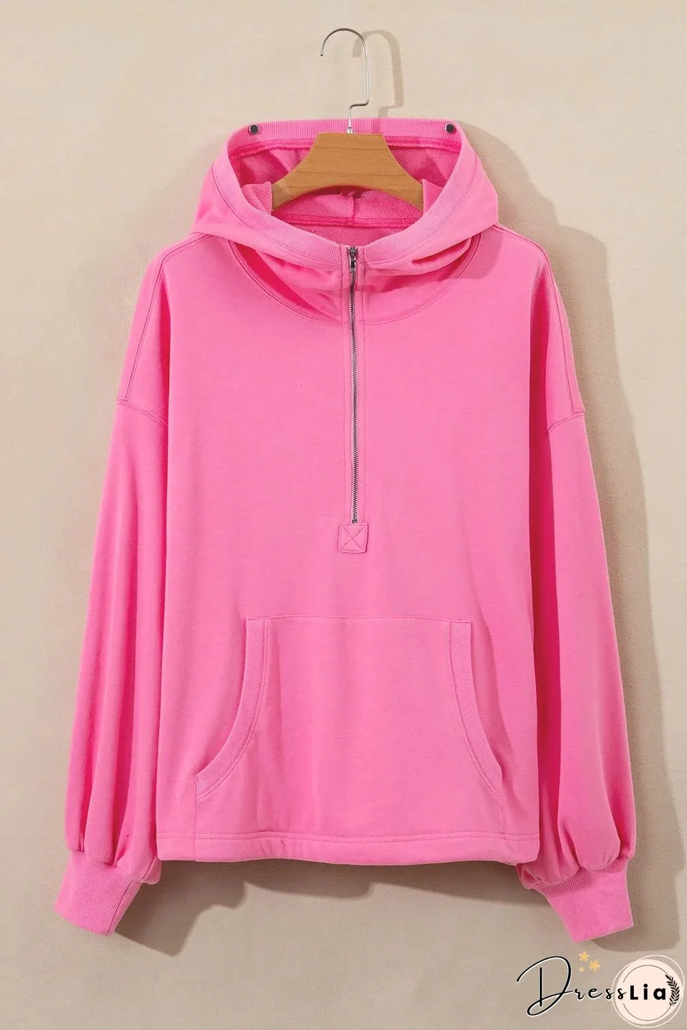Bonbon Solid Kangaroo Pocket Half Zipper Oversized Hoodie