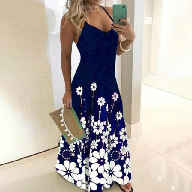Women's Sexy Summer Boho Print Bow Cami Maxi Dress