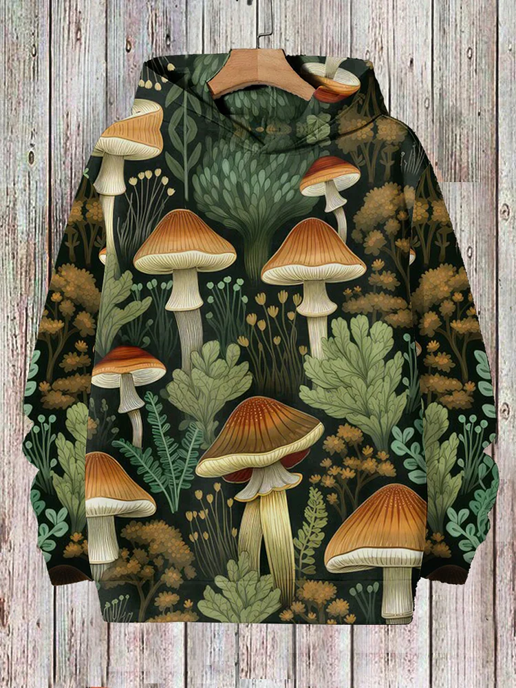 Men's Retro Goblin Forest Mushroom Pattern Print Hoodie