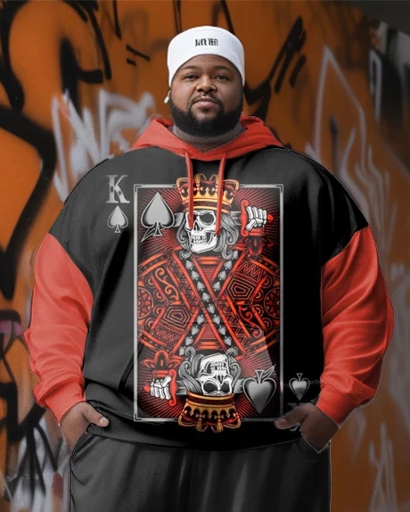 Men's Plus Size Casual Hip Hop Graffiti Skull Queen Long Sleeve Hoodie Set
