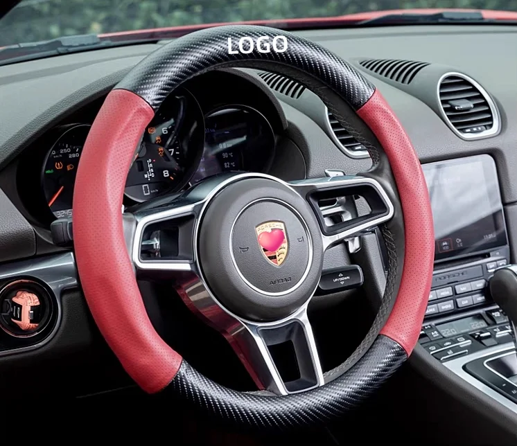 Customized car logo carbon fiber leather steering wheel cover