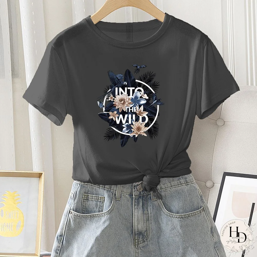 Female Fashion Short Sleeve Summer Casual Regular T-shirt Letter Flower Print Ladies Graphic Daily Streetwear Round Neck Tee Top