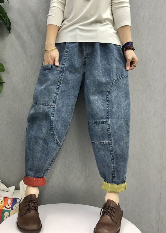 Casual Blue elastic waist Pockets denim Pants Spring CK749- Fabulory