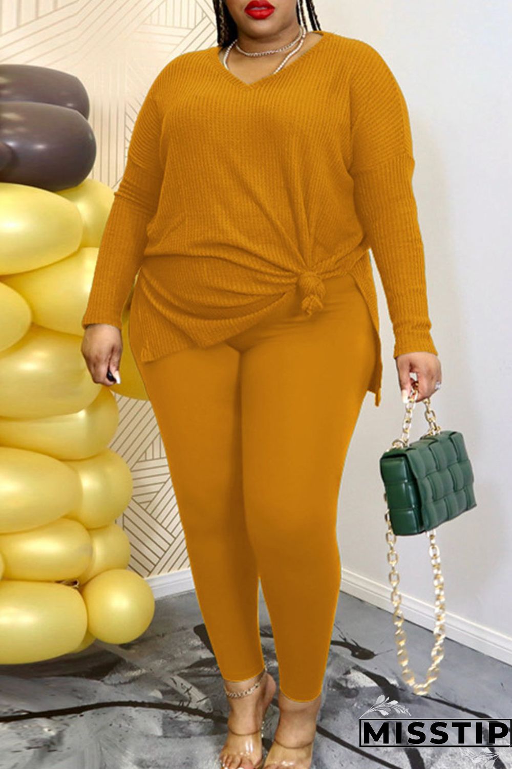 Rose Red Casual Solid Patchwork Slit V Neck Plus Size Two Pieces