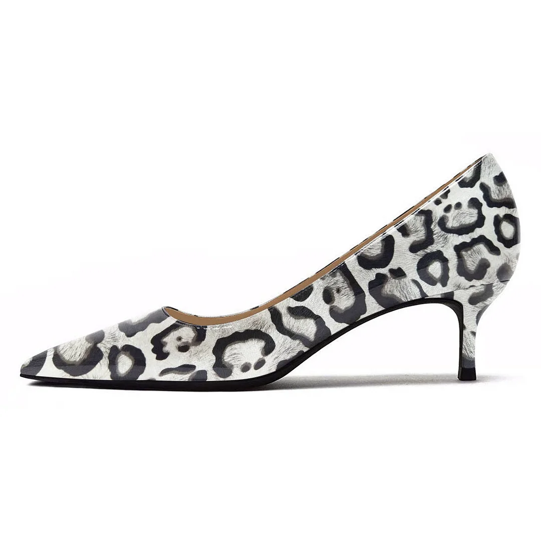 YDN Grey Patent Leather Leopard Low Heel Pumps for Women