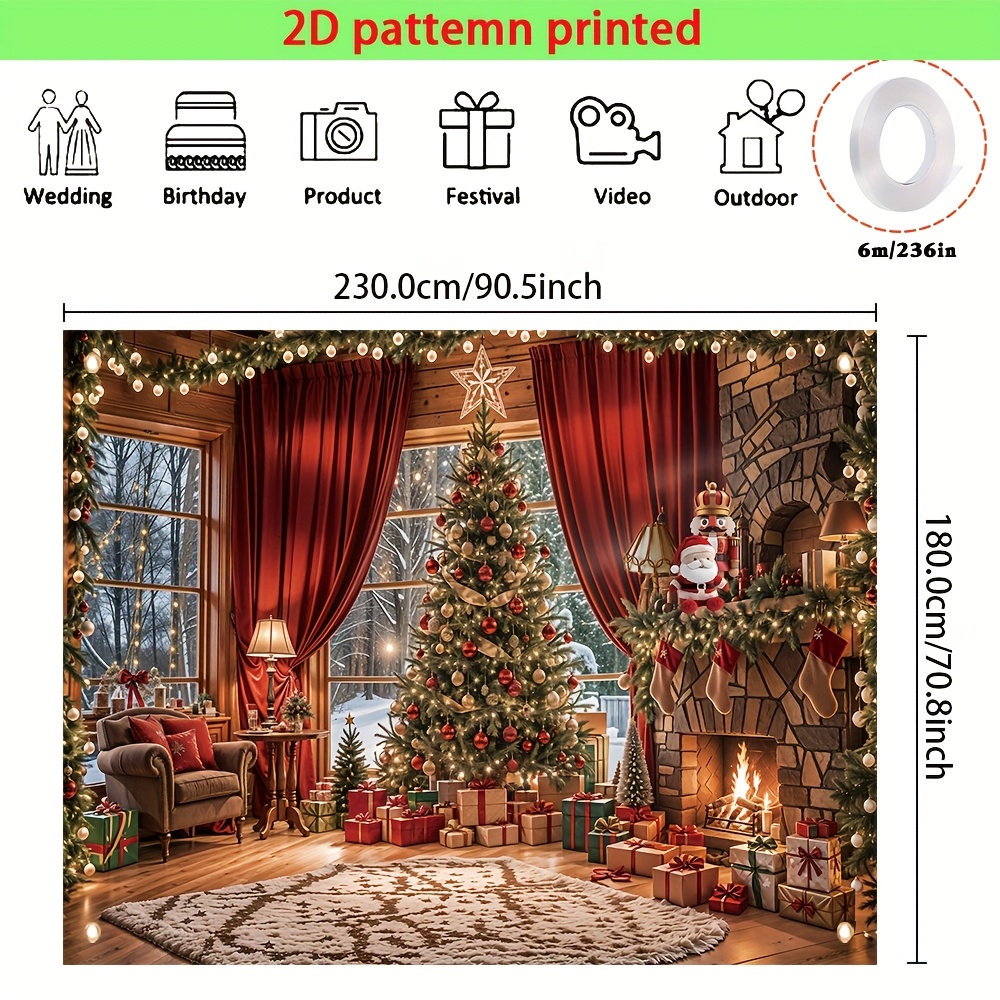 Tegooe Cozy Christmas Fireplace Tree Backdrop Festive Photo Booth Background Banner with Hanging Holes Multi-Size Options