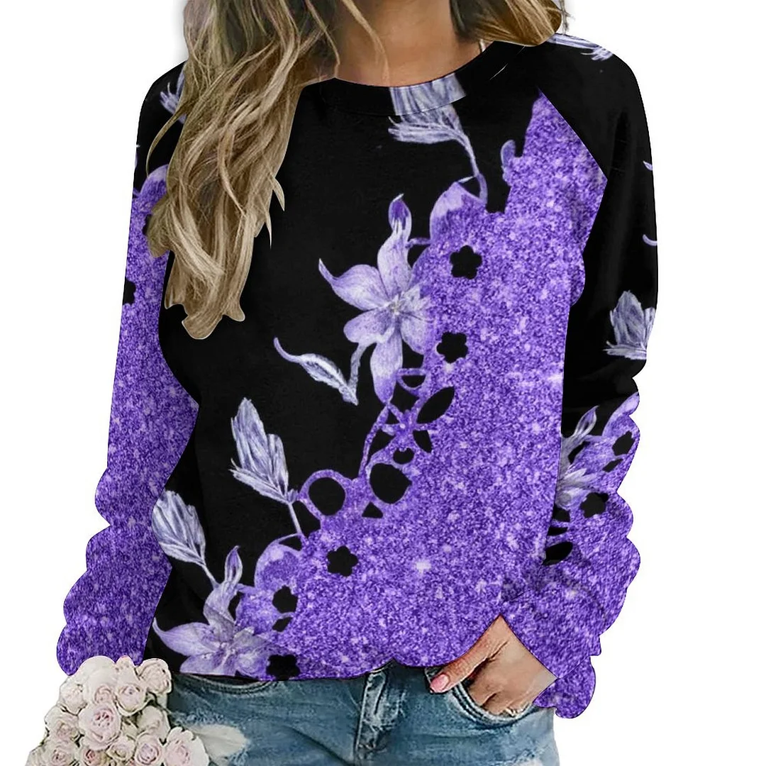Printed Long Sleeve Casual Sweatshirt for  Women and Men Unisex Pattern Purple, Floral, Glitter