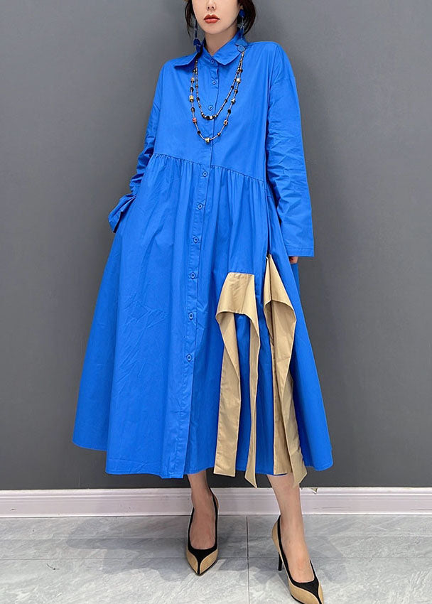 VCSHOES Blue Asymmetrical Design Patchwork Cotton Maxi Dresses Fall