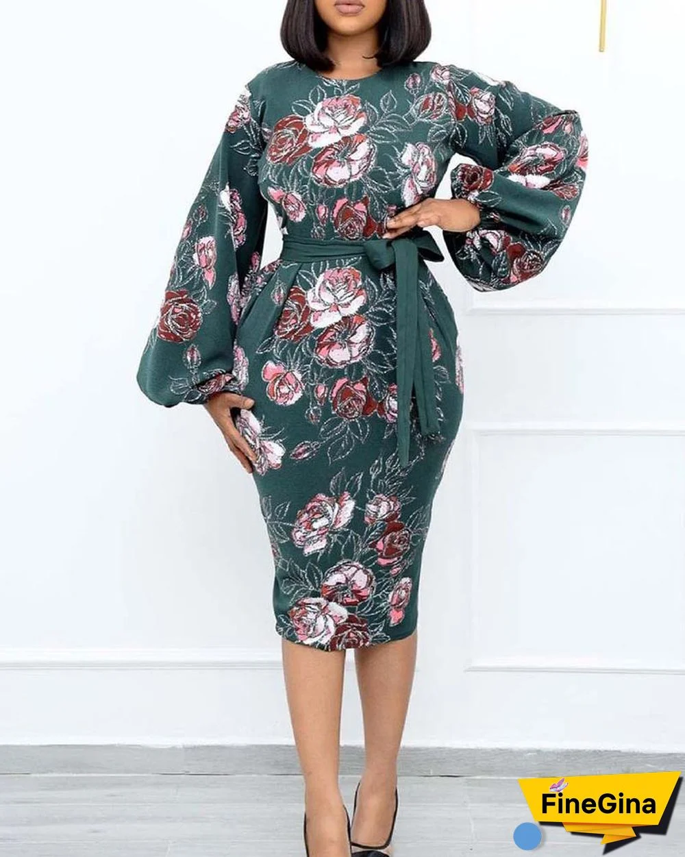 Floral Print Lantern Sleeve Belted Dress