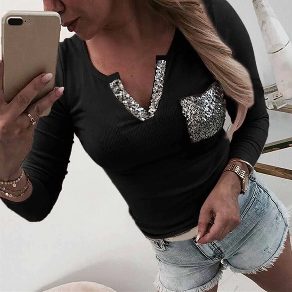Fashion Sequins Knitted Bottom Blouse Casual Autumn Winter Lady Sexy V-Neck Tops Female Women Long Sleeve Shirt Blusas Pullover