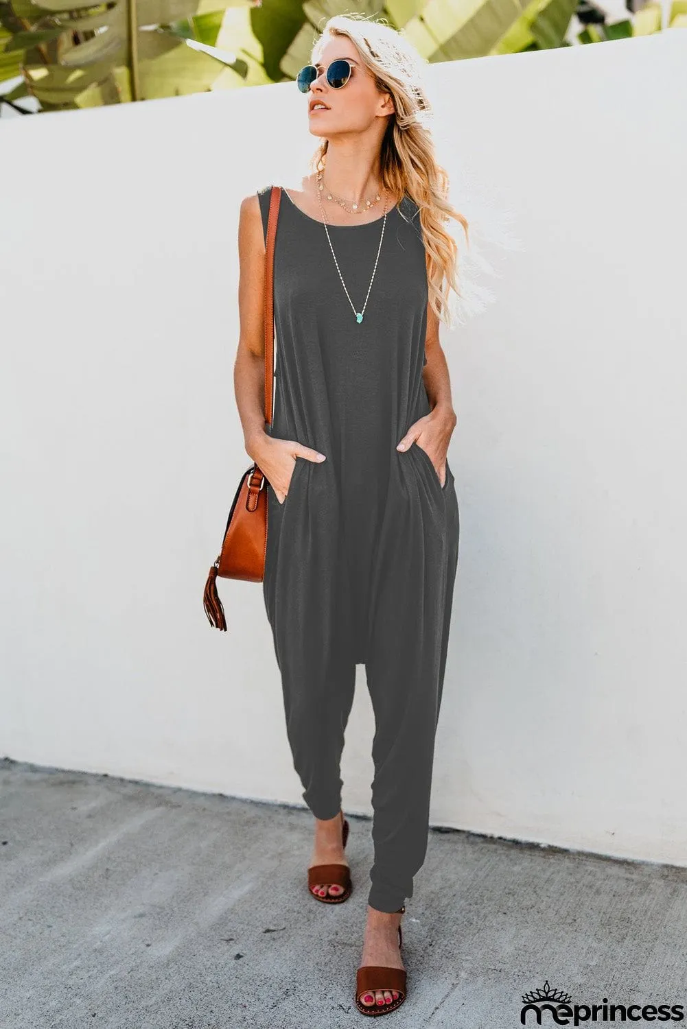 Sleeveless Pocketed Harem Jumpsuit