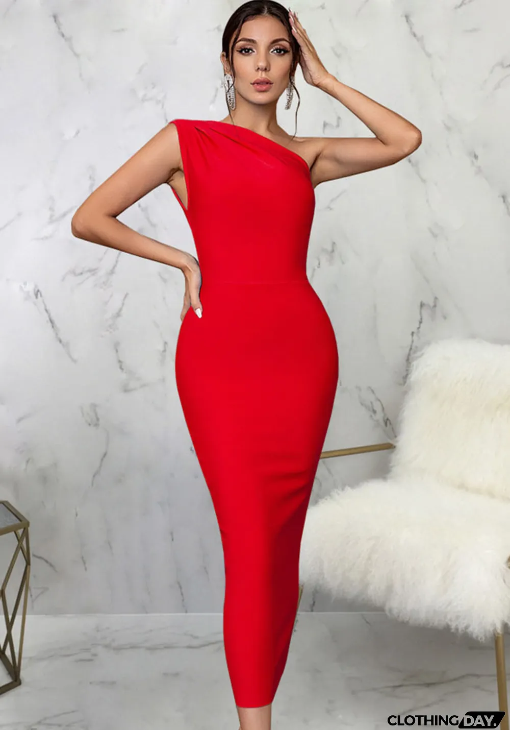 Sexy solid color one shoulder women's dress