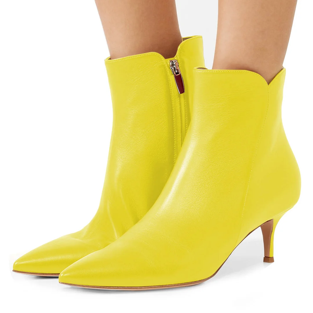 Pointed Toe Faux Leather Kitten Heel Ankle Boots in Bright Yellow