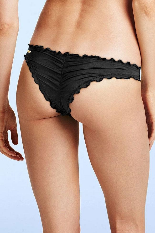 Solid Ruffle Edge Cheeky Scrunch Brazilian Bikini Bottom-elleschic