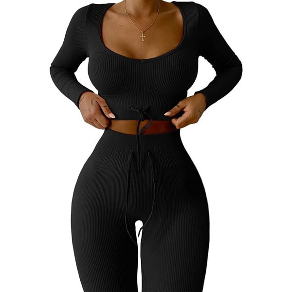 Workout Yoga Sets for Women 2 Piece Seamless Long Sleeve Crop Tops Ribbed High Waist Leggings Female GYM Clothing Fitness Outfit - Shop Trendy Women's Fashion | TeeYours