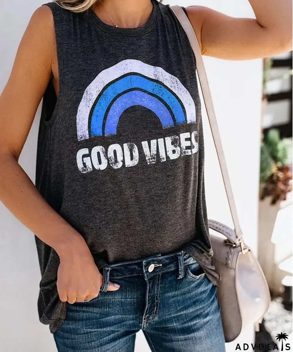 Summer Women'S Tank Top Letter Print Round Neck Sleeveless T-Shirt