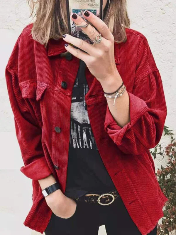 New style corduroy solid color breasted casual loose long-sleeved shirt Flusfy