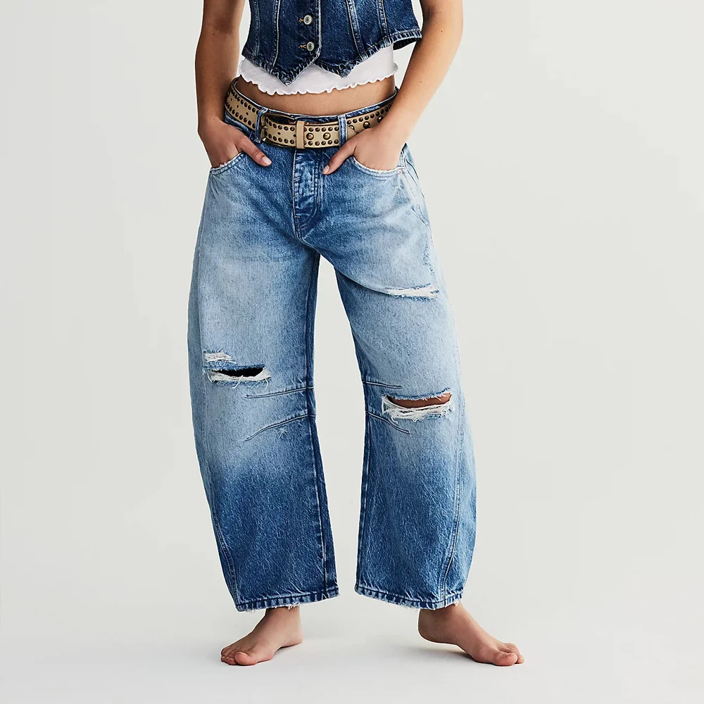 Women's Retro Old Washed Blue Hip Hop Twist Baggy Jeans