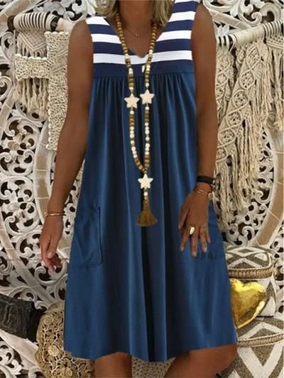 Denim Print Sleeveless Crew Neck Casual Dress