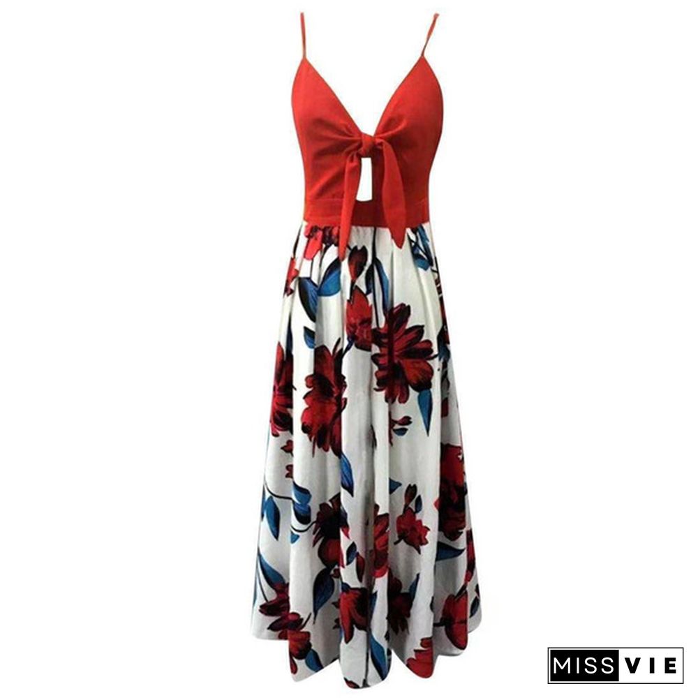 Women Fashion V-neck Tie Waist Floral Sling Dress