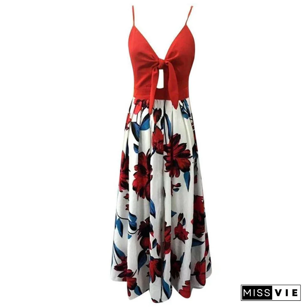 Women Fashion V-neck Tie Waist Floral Sling Dress