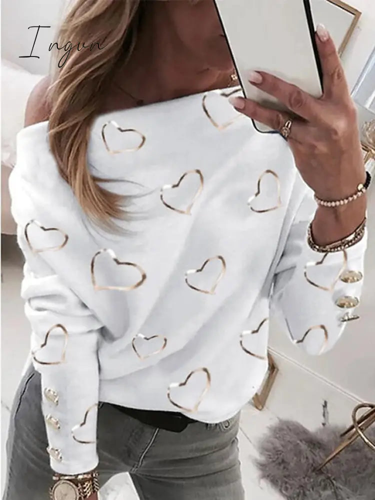 Ingvn - Women’s Sweatshirt Pullover Basic White Beige Graphic Street V Neck Long Sleeve Top