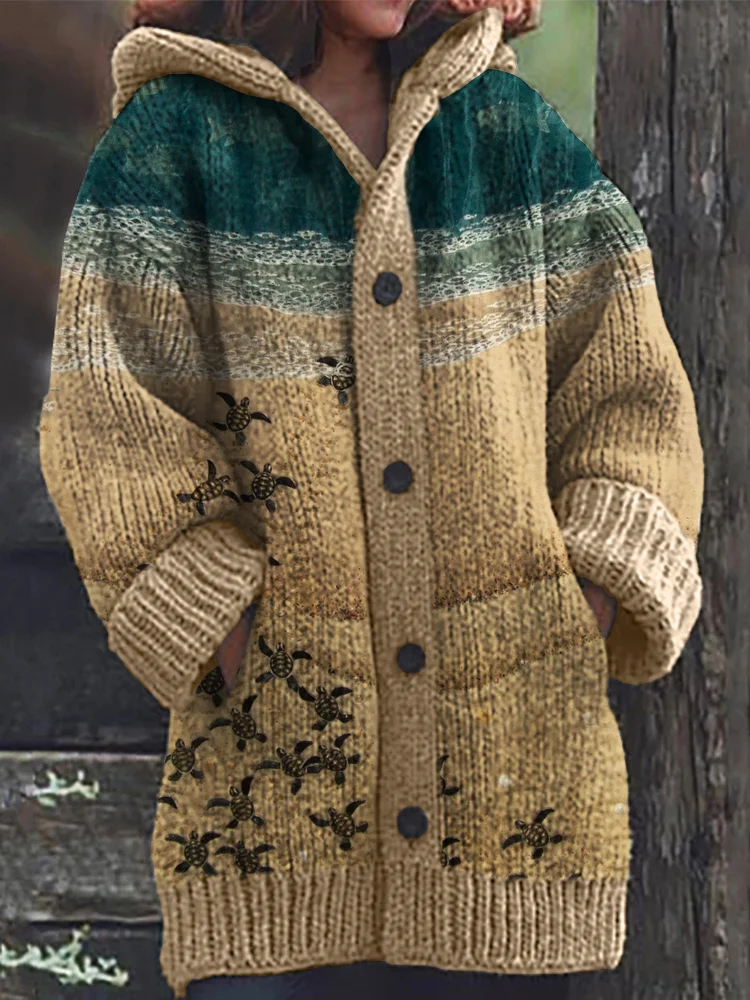 Baby Turtles Beach Seascape Textile Cozy Hooded Cardigan