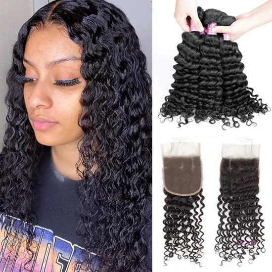 Free Shipping YVONNE Premium Grade Deep Wave 3 Bundles Hair Weaves With 5x5 Closure
