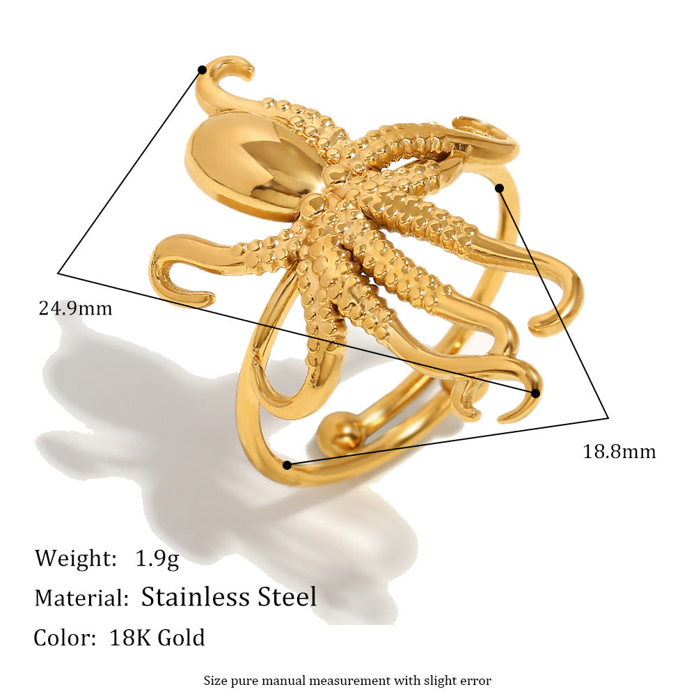 Exaggerated Niche Personality Design Ocean Series Hand Jewelry Stainless Steel Plated 18K Gold Octopus Open Ring2