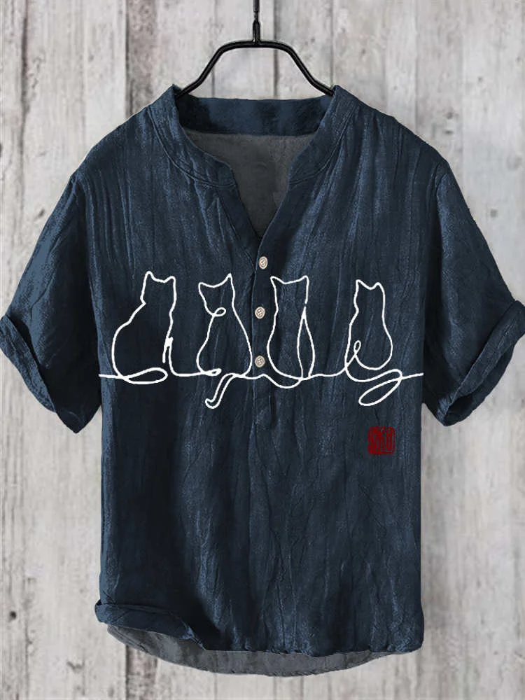 Japanese Cat Print Men's Linen V-Neck Shirt