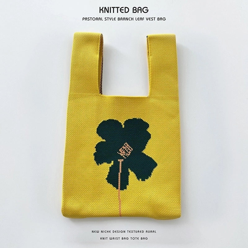 Women’s Medium Knit Letter Flower Cute Vintage Style Square Open Handbag