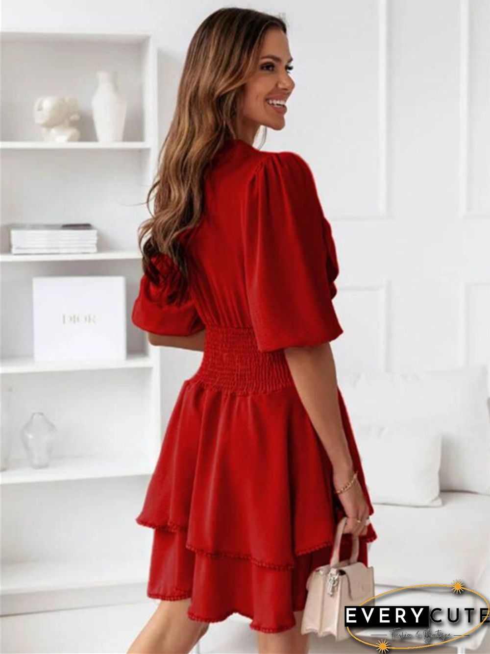 V-neck Solid Color Ruffled Waist Short Sleeve Dress