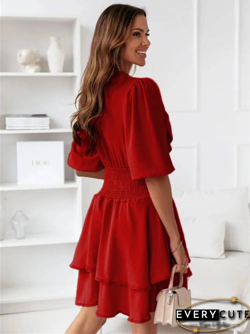 V-neck Solid Color Ruffled Waist Short Sleeve Dress