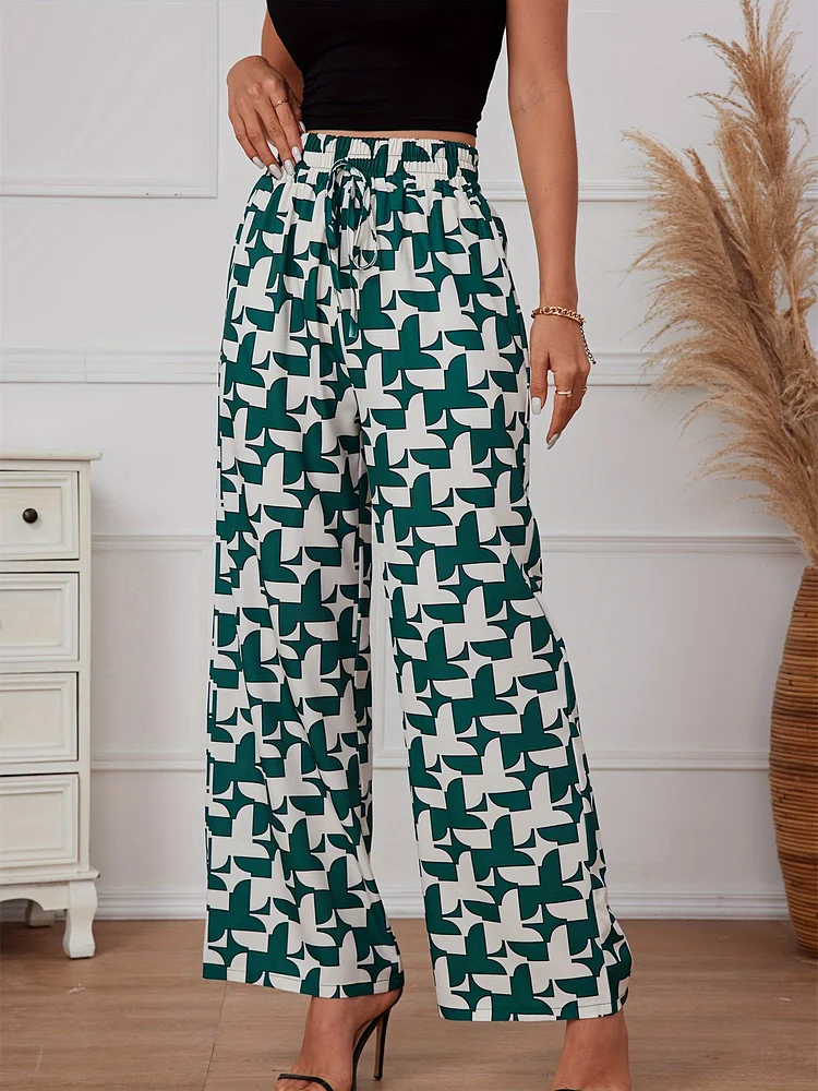 New Summer Loose Lightweight Pants With An Elastic Waistband And Drawstring, Featuring A Geometric Print That Flatters The Figure, Simple Woven Casual Wide-Leg Design With Two Side Pockets, Suitable For All Seasons