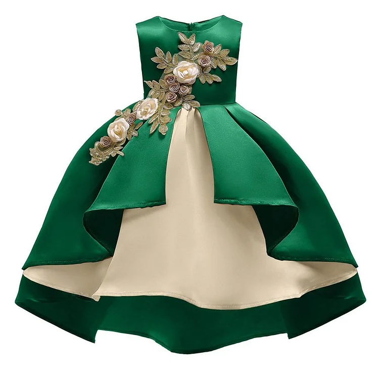Flower Girls Green Applique Sleeveless High Low Party Gown Dress-Mayoulove