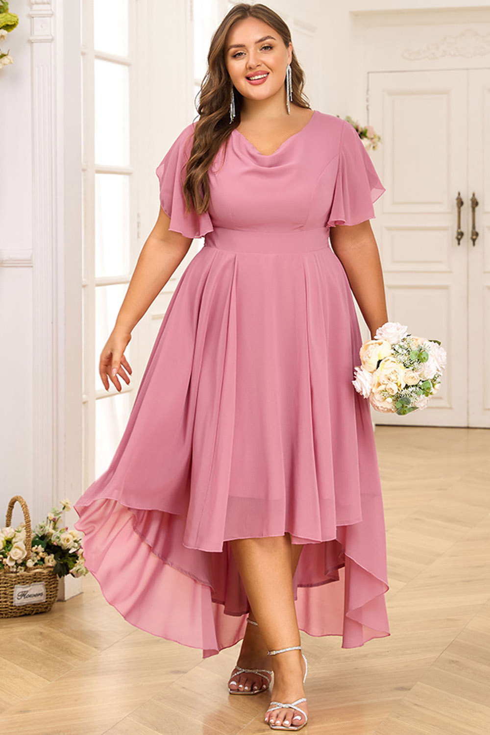 Plus Size Wedding Guest Pink Chiffon Flutter Sleeve High Low Hem Maxi Dress 2024 - Flycurvy 