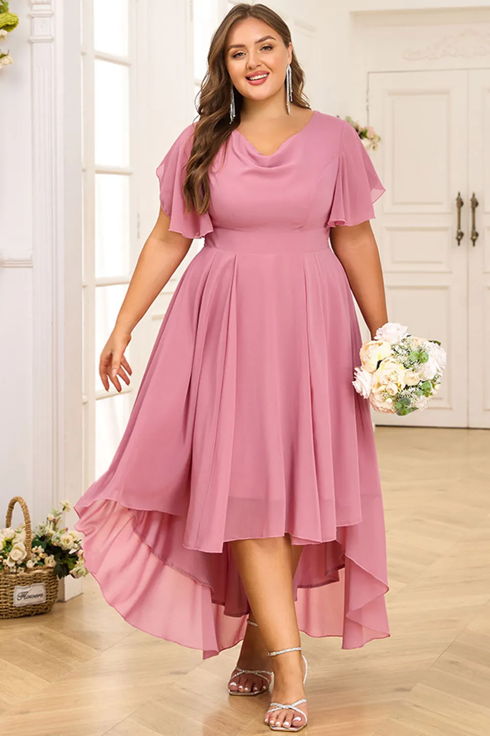 white christmas dresses Rose Pink Chiffon Bridesmaid Dress with Pleated Bodice - Pink Bridesmaid Dresses with One-Shoulder - Multiple Color main image 1