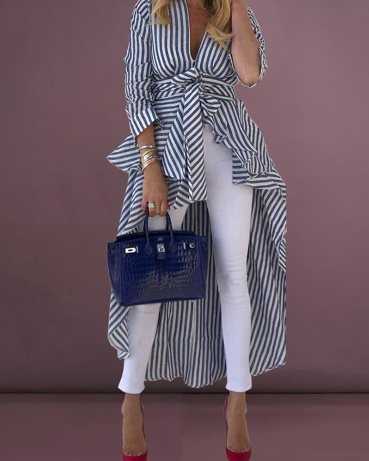 Usasaleprint costume ideas women Fashion Women Boho Stripe Long Sleeve Deep V neck Loose Long tail Tunic T Shirt Hippie Spring Autumn Tops Tops