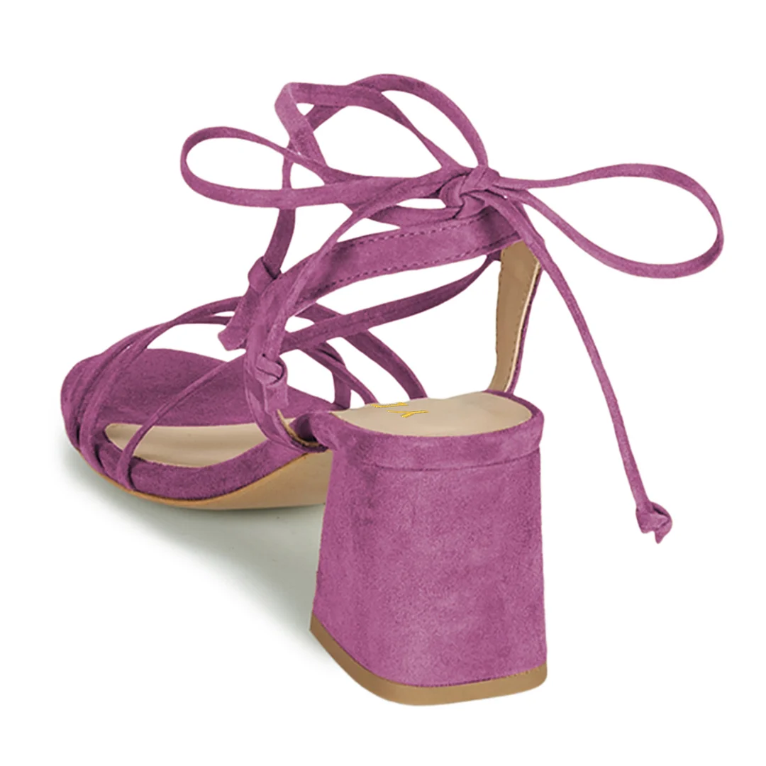 Women's Purple Faux Suede Round Toe Lace-Up Sandals with Block Heel