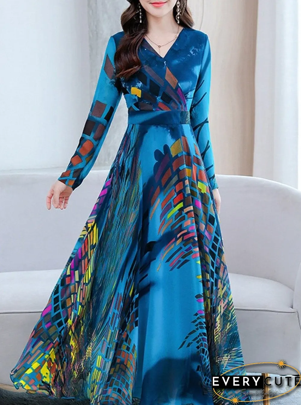Long Sleeve Waist Printed V-Neck Maxi Dress