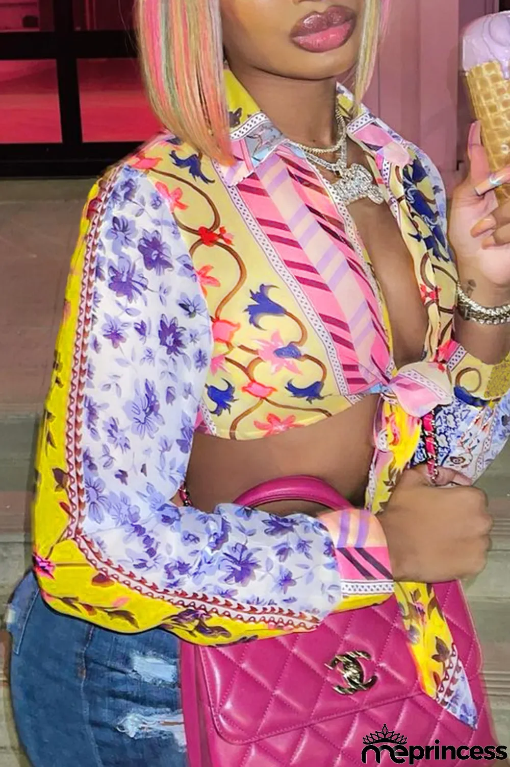 Pink Sexy Print Split Joint Turndown Collar Tops