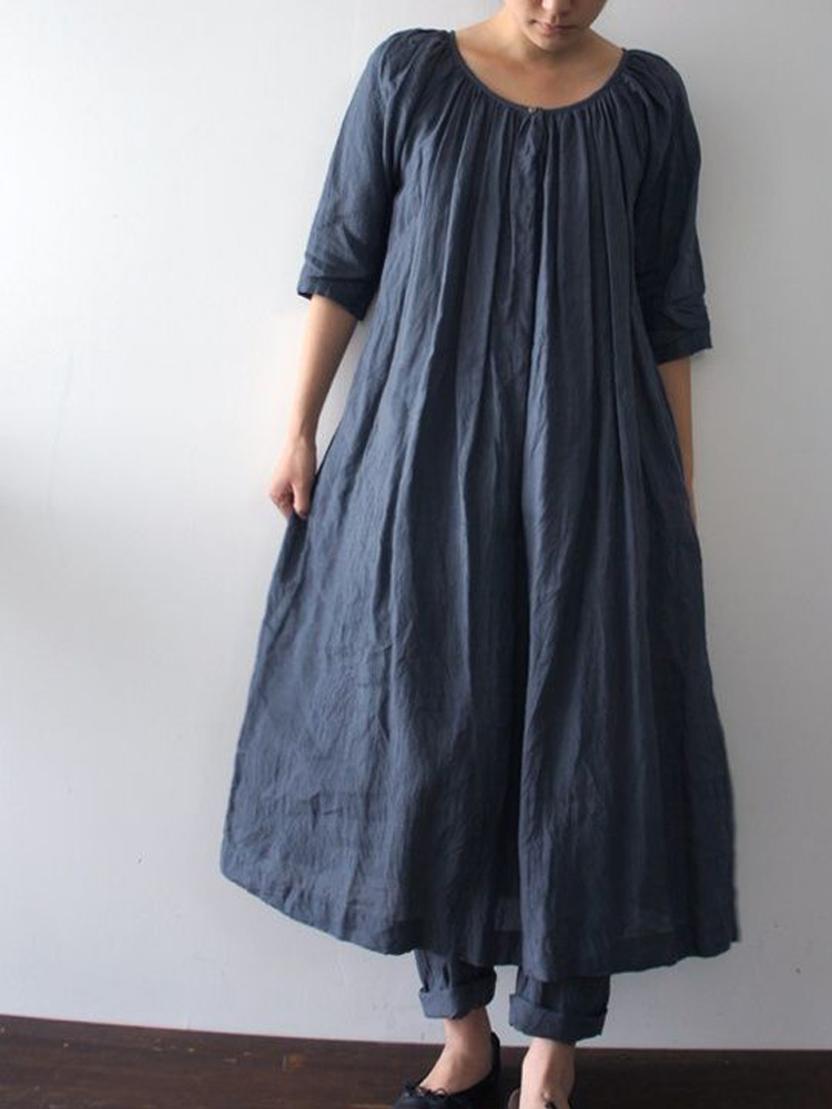 Navy Blue Multi Pleated Linen Loose Round Neck Maxi Dress