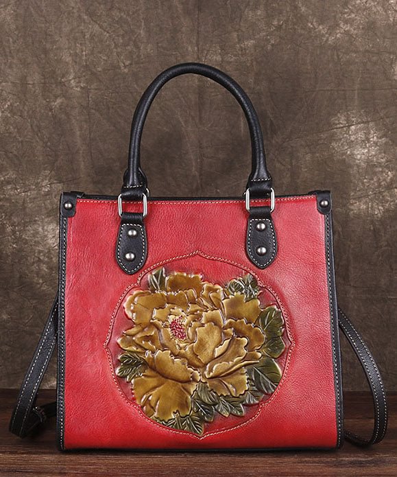 Classy Red Floral Paitings Calf Leather Tote Handbag