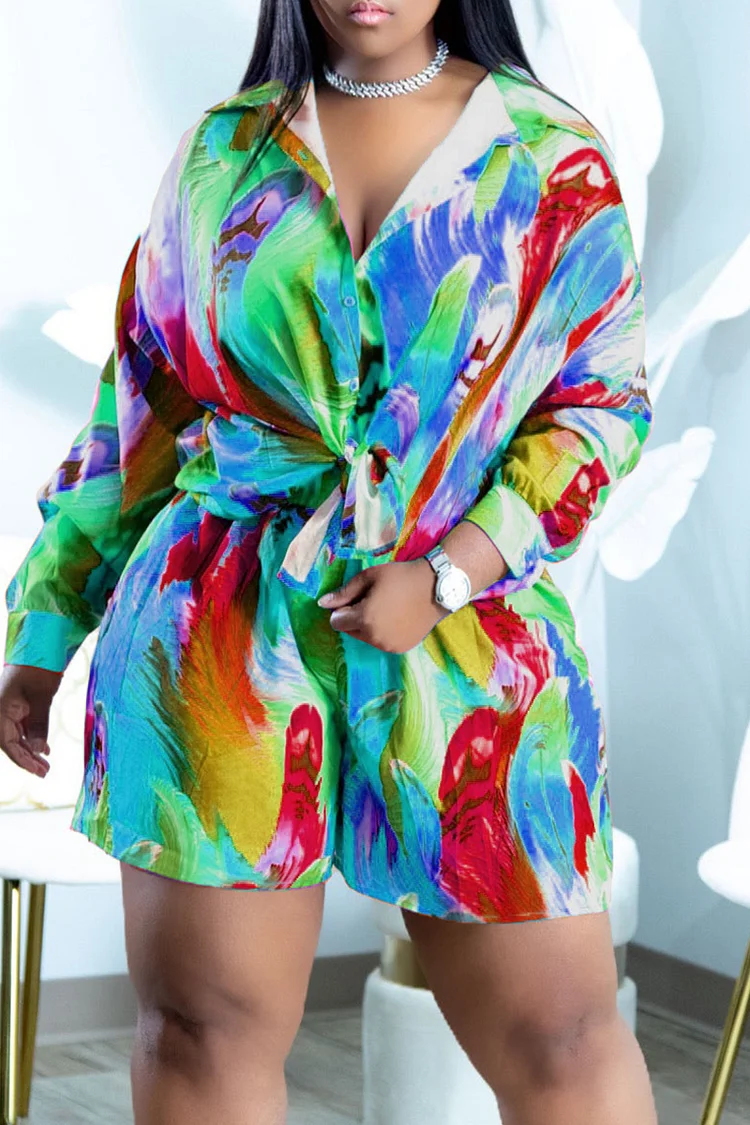 Blue Fashion Casual Print Basic Turndown Collar Plus Size Two Pieces