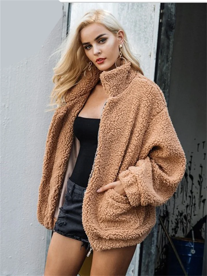 Hot Imitation Fur Solid Color Coat Female Autumn and Winter New Plush Casual Temperament Commuter Jacket-Cosfine