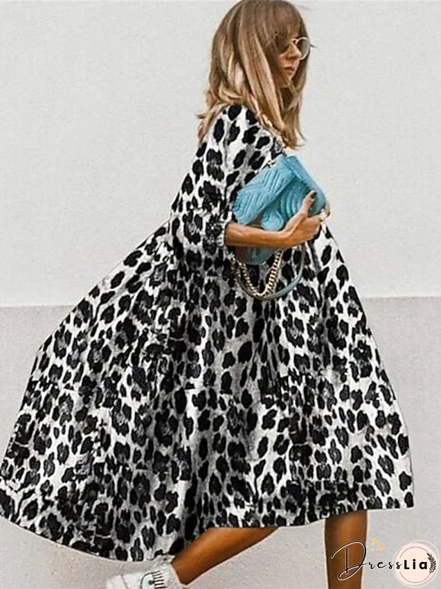 Women's Dress - Casual Dress Midi Dress Black White Pink 3/4 Length Sleeve Leopard Ruched Summer Spring Fall Autumn Crew Neck Stylish Weekend S M L XL XXL