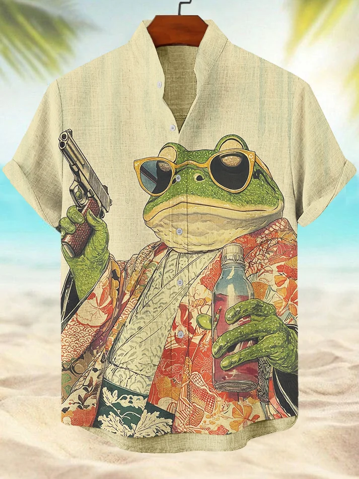 Men's Hawaiian Frog Holding Pistol Print Short Sleeve Shirt