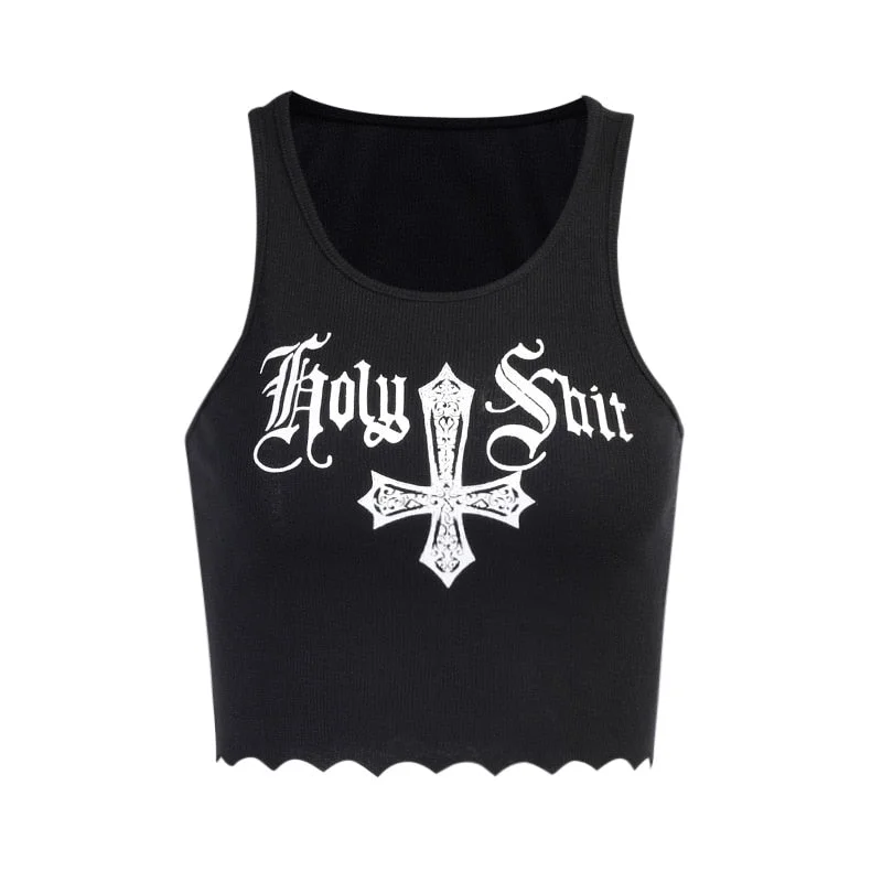 InsGoth Gothic Cross Print Tanks Harajuku Punk Bodycon Letter Print Tank Top Goth Vintage Women Summer Sexy Black Crop Tops