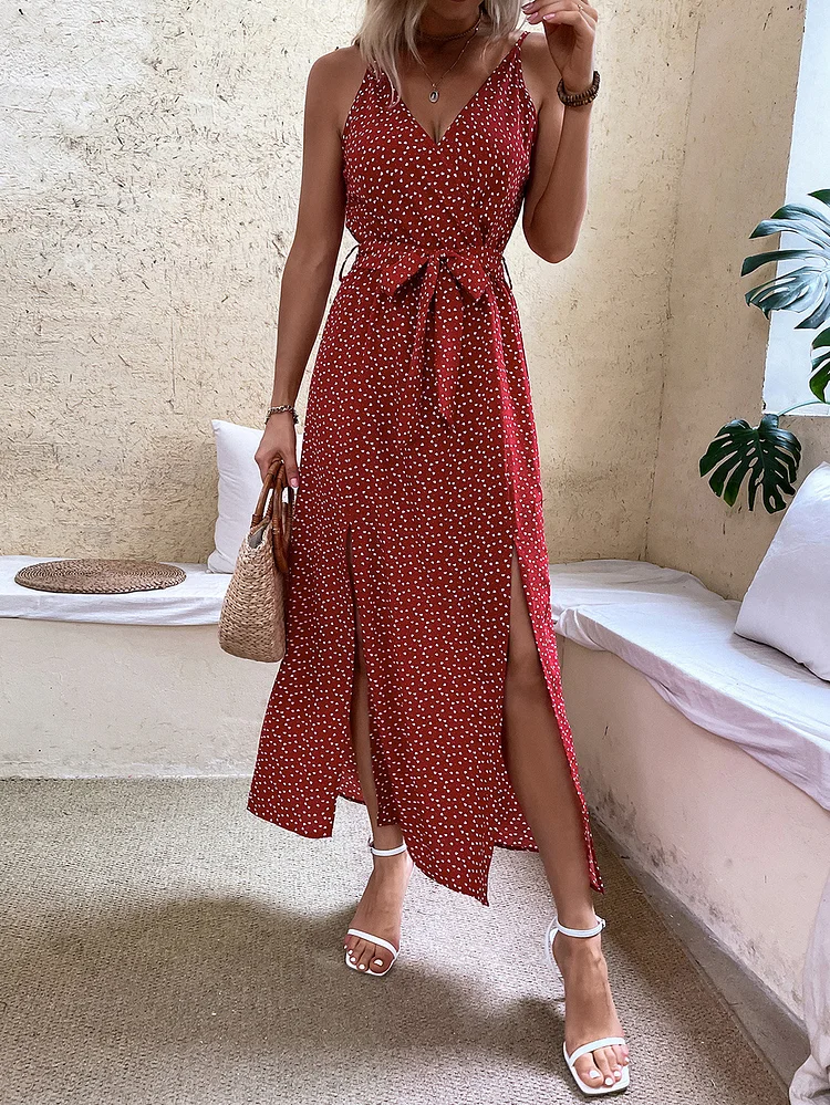 Sling Polka Dot Sexy Open Back Crew Neck Bohemian Vacation Dress
