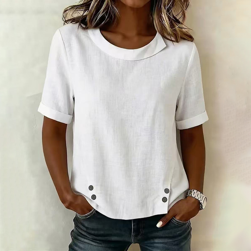 Comstylish Loose Linen Short Sleeve Asymmetric Button Down Shirt